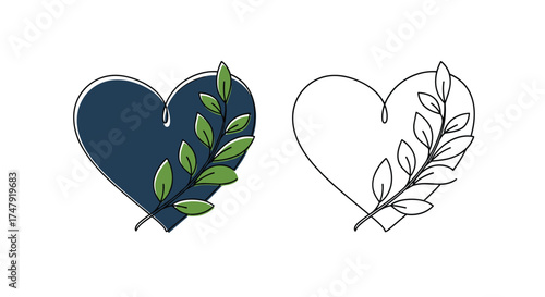 Heart shape with a branch of leaves symbolizing love and nature combined.