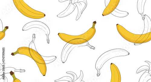 A seamless pattern featuring vibrant yellow bananas and their sketched outlines.