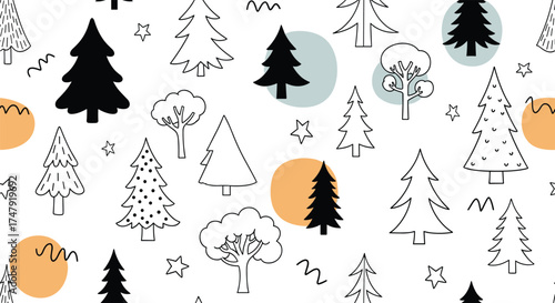 Whimsical woodland patterns featuring hand-drawn pine trees and playful abstract circles.