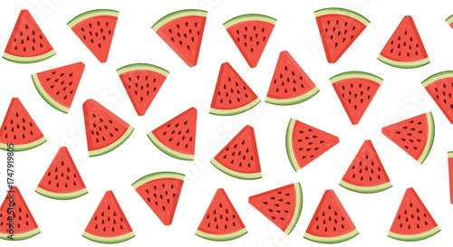 A vibrant pattern of fresh watermelon slices scattered across a white background.
