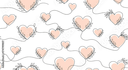 A playful pattern of hand drawn peach hearts connected by dashed lines.