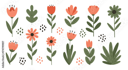 A charming collection of simple stylized flowers and leaves in a variety of colors.