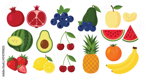 A vibrant collection of pixel art fruits showcasing a variety of healthy and delicious produce.
