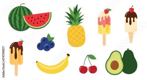 A refreshing collection of summer fruits and frozen treats on a white background.