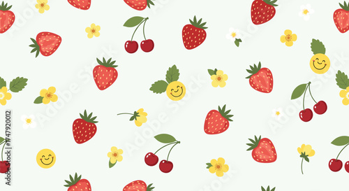 A delightful pattern featuring fresh strawberries and ripe cherries with small yellow flowers.