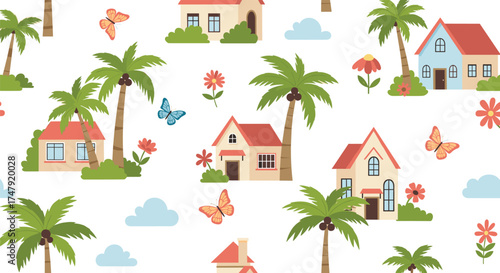A charming collection of pixel art houses surrounded by lush palm trees and delicate butterflies.