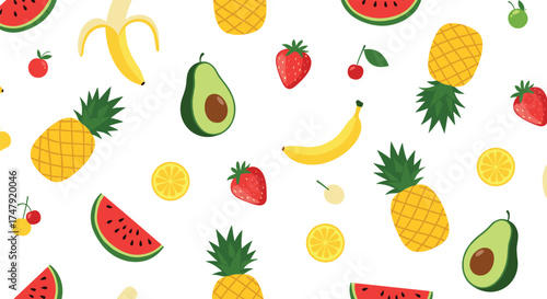 A vibrant and colorful fruit pattern featuring a variety of fresh and delicious fruits.