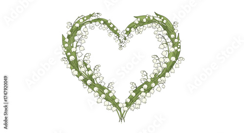 A delicate heart shaped wreath of green leaves and small white flowers for a romantic nature inspired design.