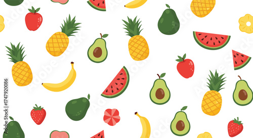 A vibrant seamless pattern featuring a collection of pixelated tropical and garden fruits.