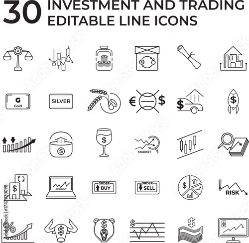 Set of investment and trading editable line icons representing stock market, forex, cryptocurrency, growth, finance, and economy concepts, perfect for financial apps, web, and presentation design.