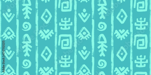 Ethnic vector seamless pattern featuring eye, swirl and tropical fish bone elements. Traditional patchwork drawing of blue vertical lines with crayon wax, charcoal and ink brush textures for wallpaper