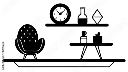 A wallmounted shelf displaying a few decorative items with a minimalistic clock and an ergonomic chair positioned beneath it.