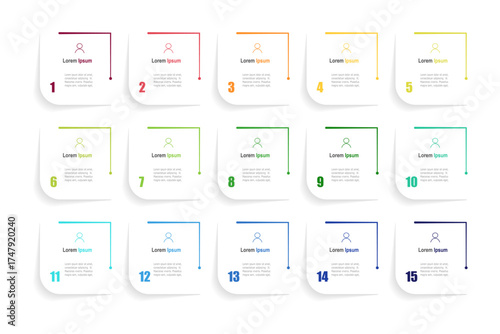 For business concept with 15 steps infographics, shape with multicolor label, design for workflow layout, diagram, annual report, web design. vector illustration