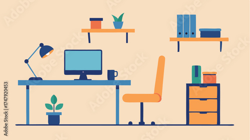 A home office setup showcasing a minimalist desk with clean lines a comfortable ergonomic chair and a wallmounted shelf with a few decorative items.
