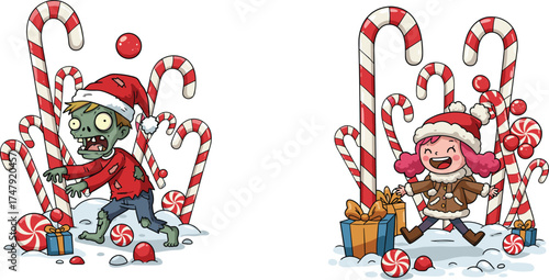 Cartoon zombie and cheerful girl in candy land, festive vector illustration mixing Halloween and Christmas themes with gifts and peppermint sweets