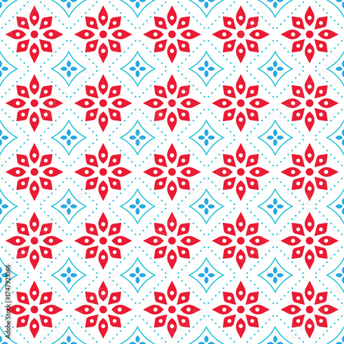 Seamless vector pattern with abstract geometric red and blue floral elements on a light background. Vector illustration