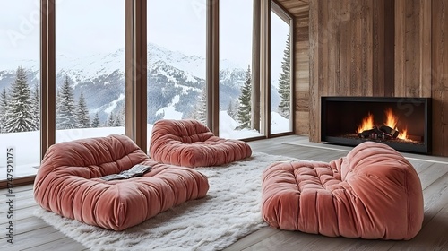 Modern living room interior with plush pink seating and mountain view winter
