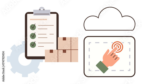 Clipboard with checklist, cardboard boxes, cloud icon, cursor clicking. Ideal for inventory, logistics, cloud storage, warehouse delivery task management workflow. Simple flat metaphor