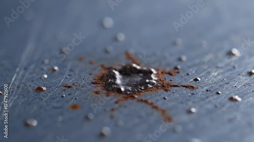 Melting Water Droplet Macro Shot on Metal Surface with Reflection Details a Macro Shot on Polished Metal Table Surface with Single Droplet in Studio Shot for Backgrounds