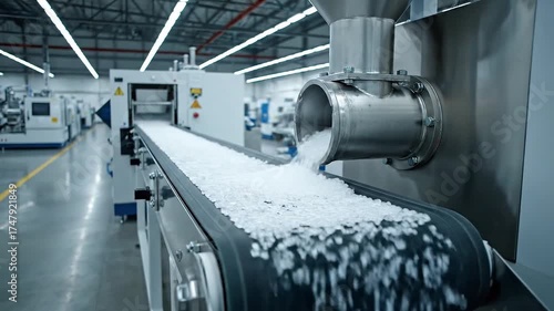 Pellets Pouring From Stainless Steel Hopper Onto Conveyor Belt in a Factory Setting with Bright Overhead Lighting Manufacturing Process Automation and Material Handling System Conveyor Belt Conveying