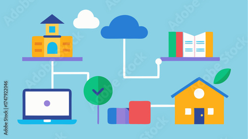 An illustration showing the transition from traditional classroom settings to digital ones with elements of both environments coexisting in a seamless blend.