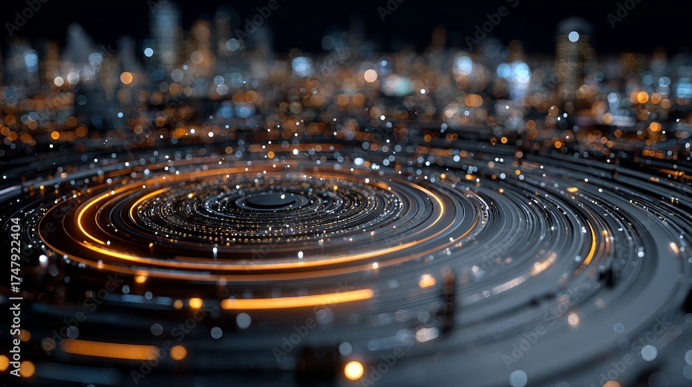 Fototapeta premium Dynamic digital network flows through futuristic city lights, representing data and innovation