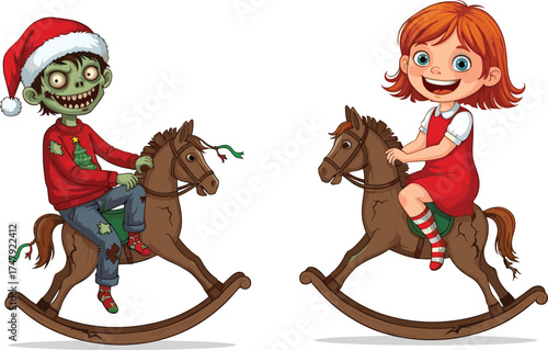 Cartoon zombie boy and happy redhead girl riding wooden rocking horses, funny Christmas horror kids vector illustration for holiday concept
