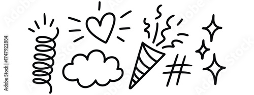 Hand drawn doodle elements for celebration and party with heart confetti and party popper
