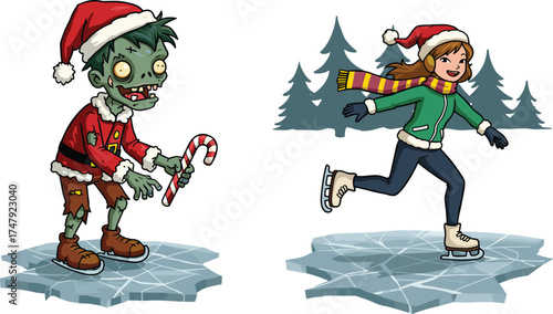 Cartoon zombie Santa with candy cane beside cheerful skater on ice, festive horror winter scene vector illustration for holiday content