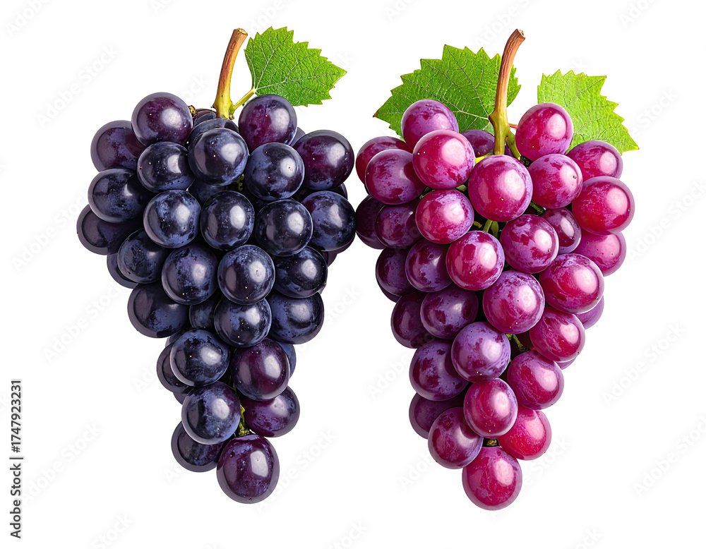 Obraz premium Two bunches of grapes, one dark purple, the other red-purple, with green leaves