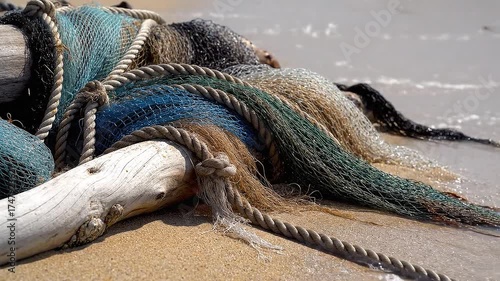 Washed Up Fishing Net and Driftwood on Sandy Beach Under Bright Sunlight Close Up View. Abandoned Marine Debris with Various Colors of Netting and Wood on a Beach with Ocean Water