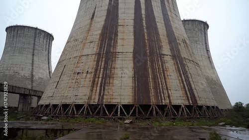 Worn Cooling Towers With Stained Concrete Surfaces Overcast Sky Industrial Decay Visible In Exterior Panorama Weathered Structures With Cracks and Corrosion Abandoned Site