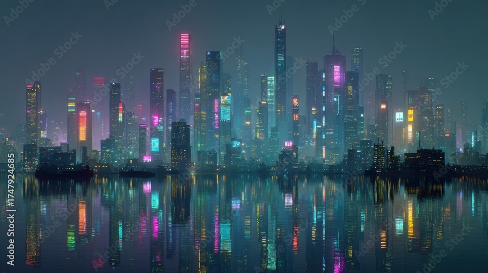 Fototapeta premium Futuristic cityscape with towering buildings, vibrant neon lights reflecting on the calm water, creating a captivating, modern urban scene.