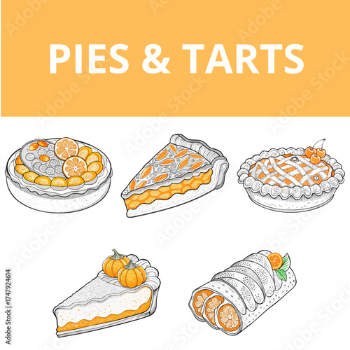 Various pie and tart illustrations in colorful vector hand-drawn style