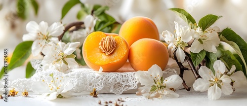 Fresh apricots with blossoms and white lace, a delightful still life scene