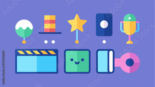 A series of simplified colorful icons representing animation tools showcasing storyboard frames timelines and character development on a clean background.