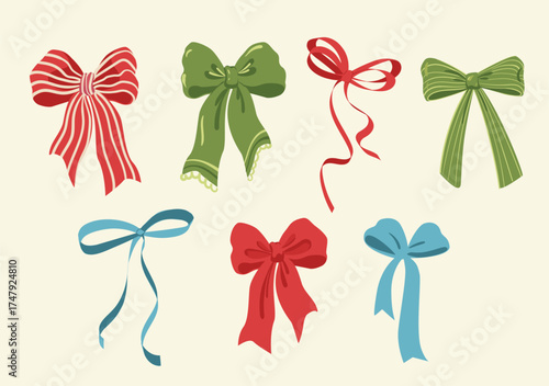 Set of various bows, gift ribbons. Bowknots hand drawn . Fashionable vector illustration. Hair accessories. Bow knots for gift wrapping. Gift bows, magic bow illustration. Celebration, party