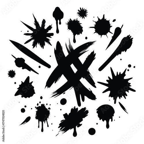 Assortment of black ink blots and brush strokes splatter