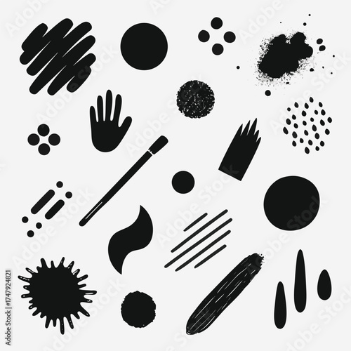 Assortment of black abstract art elements and paint splatters Keywords: abstract, art, elements