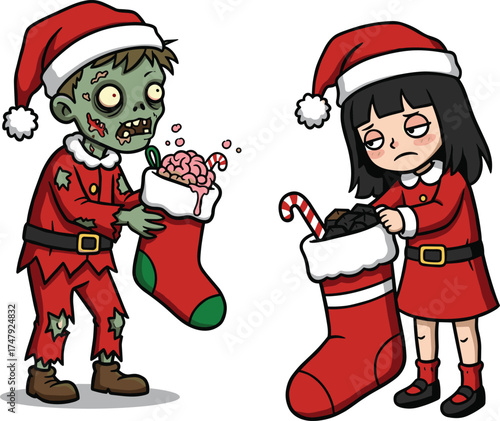 Cartoon zombie with brain-filled stocking and sad girl with coal, funny Christmas scene vector illustration for holiday humor and kids content