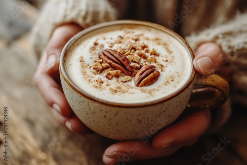 Cozy Autumn Drink with Pecans and Cream, Generative AI.
