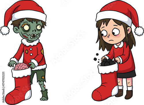 Cartoon zombie with brain-filled stocking and sad girl with coal, funny Christmas scene vector illustration for holiday humor and seasonal content