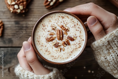 Cozy Warm Drink with Pecans and Oats, Generative AI.