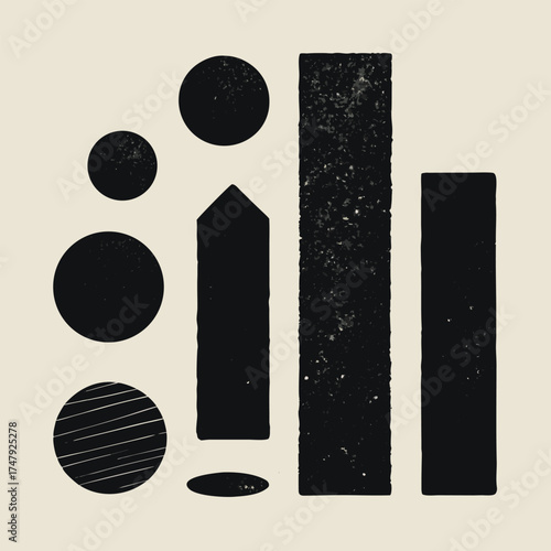 Asymmetrical composition of black abstract shapes and textured elements Keywords: abstract