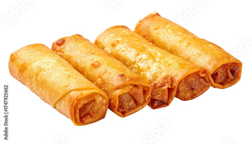 Crispy golden-brown spring rolls, fried to perfection, isolated on black backdrop