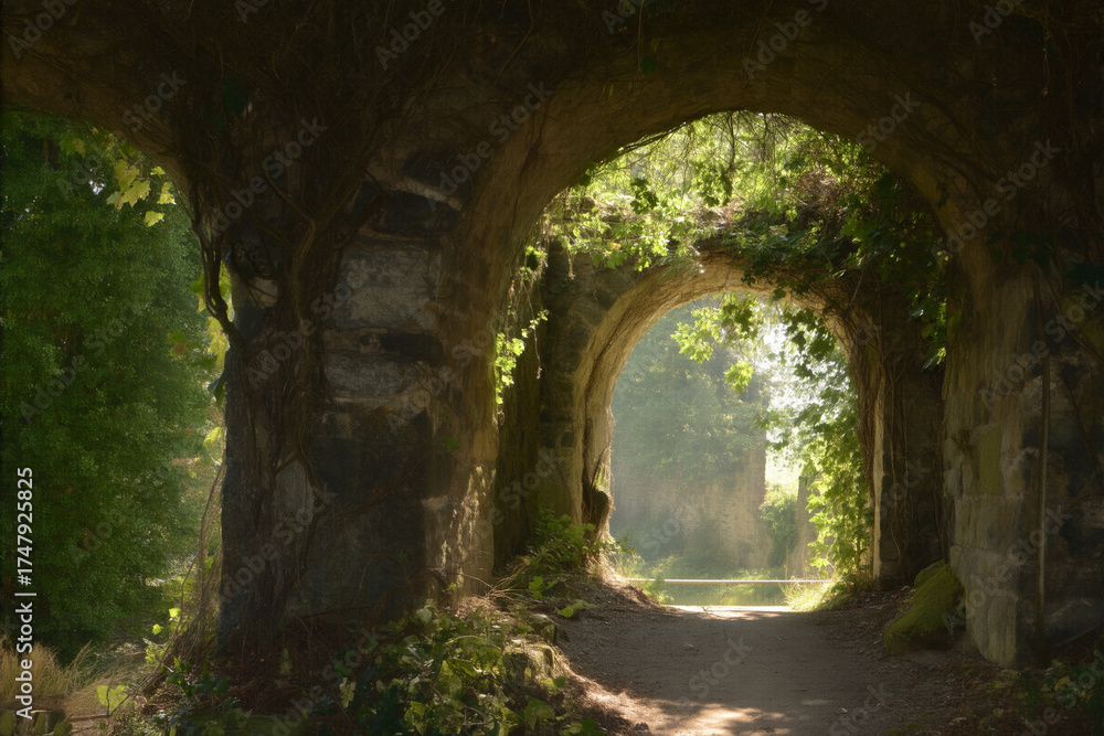 Obraz premium Ancient stone archway overgrown with ivy in sunlit forest ruins, mystery and history concept