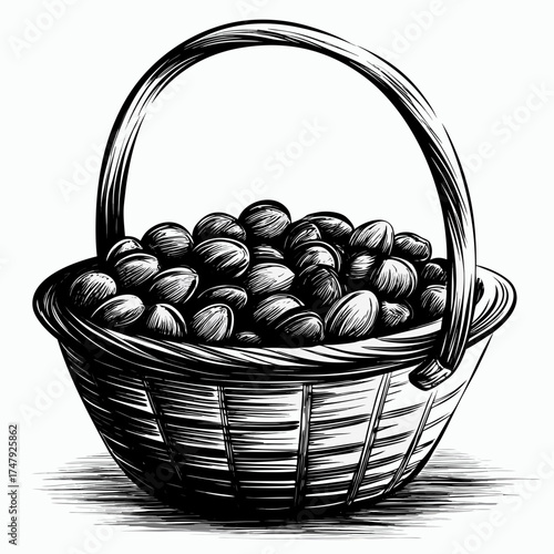 Illustration of a basket filled with chestnuts for picking and roasting