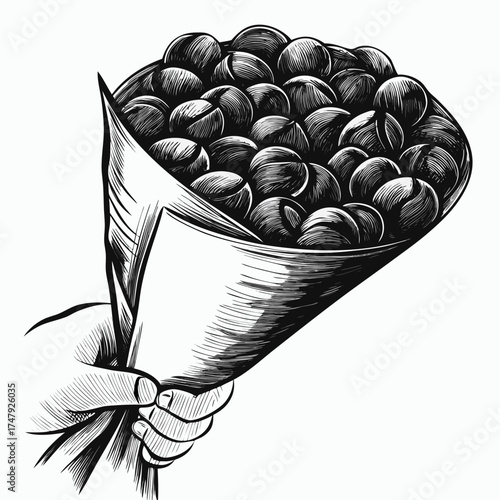 Illustration of a hand holding a cone filled with chestnuts for picking and roasting
