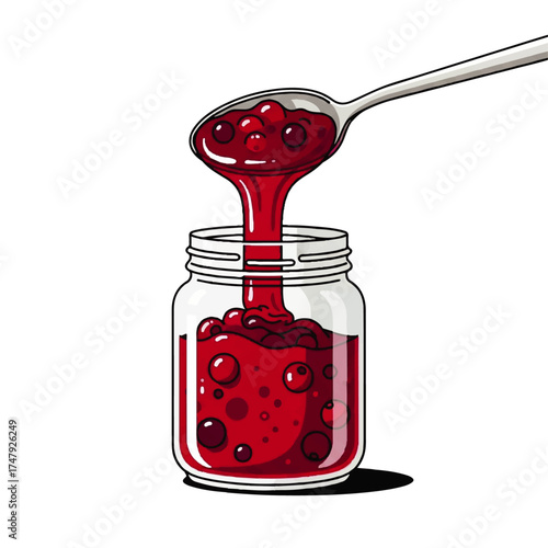 Spoon pouring red berry jam into a glass jar, filling it with fruit and liquid.