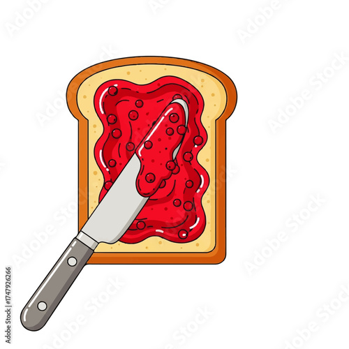 A slice of toast being spread with vibrant red jam by a silver knife.
